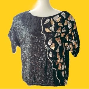 Vtg Black & Gold Metallic Silk Beaded Top